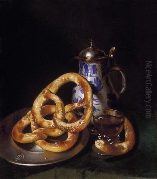 Still Life With Wineglass, Mug And Pretzels Oil Painting by Ludwig Czerny