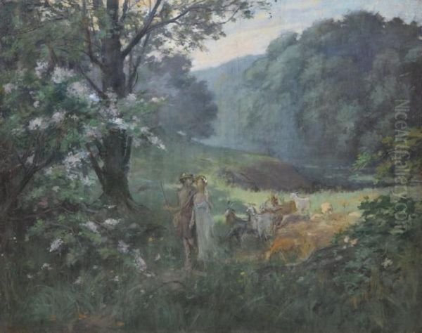 Couple De Bergers Au Vallon Oil Painting by Henry D Estienne