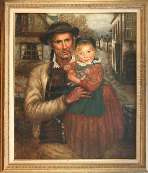 A Proud Father Holding His Daughter On A Village Road Oil Painting by Henry D Estienne