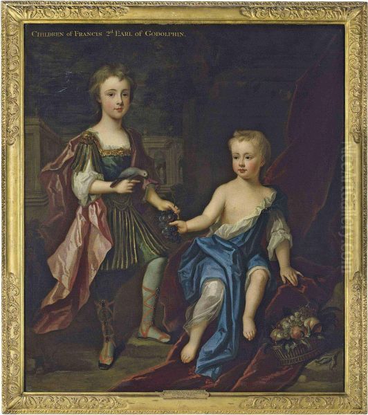 Double Portrait Of Lady Henrietta And Lady Mary Godolphin, Daughters Of Francis, 2nd Earl Of Godolphin, Full-length, The Former Standing In Classical Dress With A Pink Cloak, Holding A Parrot And A Bunch Of Grapes, The Latter Seated In A White Dress With Oil Painting by Charles d' Agar