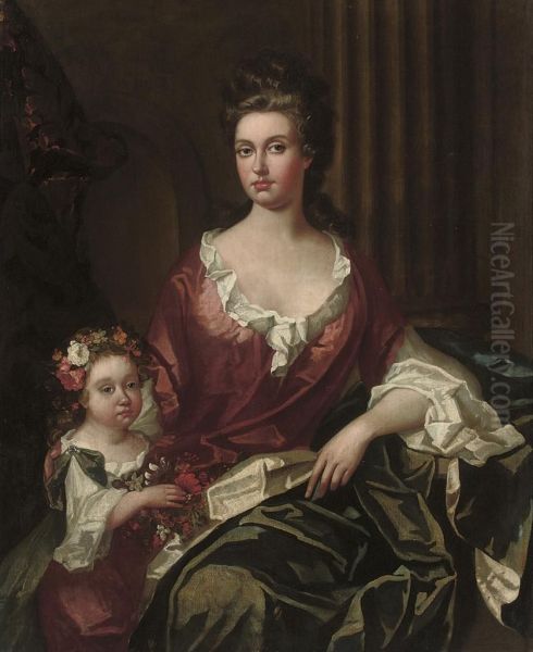 Portrait Of A Lady, Three-quarter-length, Seated, In A Rust Dress And Blue Wrap, With Her Daughter, In A Rust Dress And Green Wrap With Garlands Of Flowers In Her Hair And Right Hand Oil Painting by Charles d' Agar