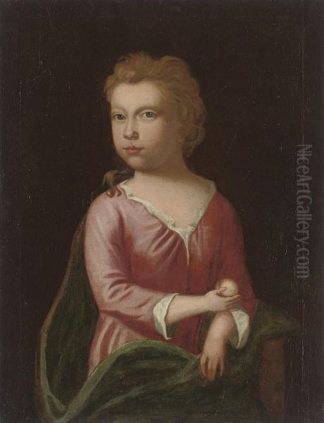 Portrait Of A Young Girl, Half-length, Holding A White Peach Oil Painting by Charles d' Agar