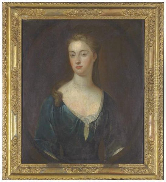 Portrait Of A Lady Identified As Mary Magdalen Myre, Half-length, In A Blue Dress, In A Painted Oval Oil Painting by Charles d' Agar