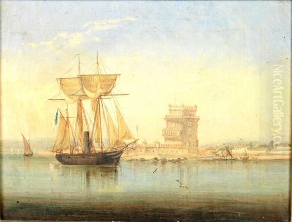 Marinha Com Barco A Vapor Com Vela E Torre De Belem Oil Painting by Alfredo D' Andrade