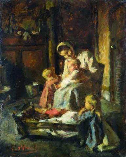 Scene Maternelle Autour Du Berceau. Oil Painting by Edouard D' Apvril