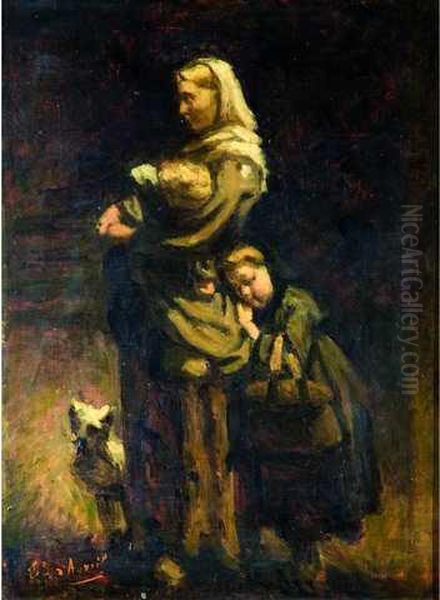 Une Mere, Ses Deux Enfants Et Le Petit Chien Oil Painting by Edouard D' Apvril