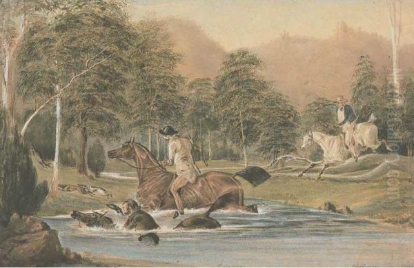 Kangarooing, Crossing The Deep Creek In A Flood Oil Painting by Frederick Robert D' Arcy