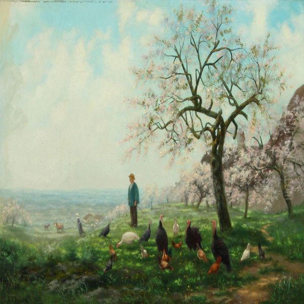 Spring Landscape With Orchard In Blossom And Grazing Turkeysand Hens Oil Painting by Eugene D' Argence