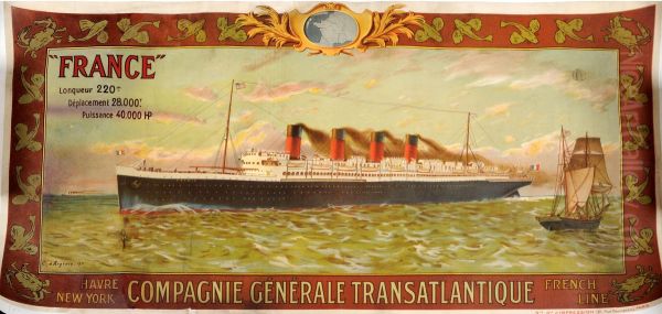 France, Compagnie Generale Transatlantique - French Line Oil Painting by Eugene D' Argence