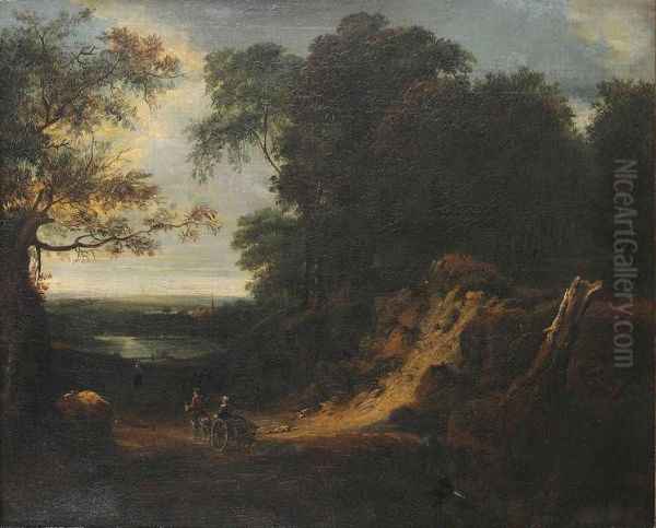 Heuvelachtig Landschap Met Reizigers In De Buurt Van Water En Dorp Oil Painting by Jaques D'Arthois