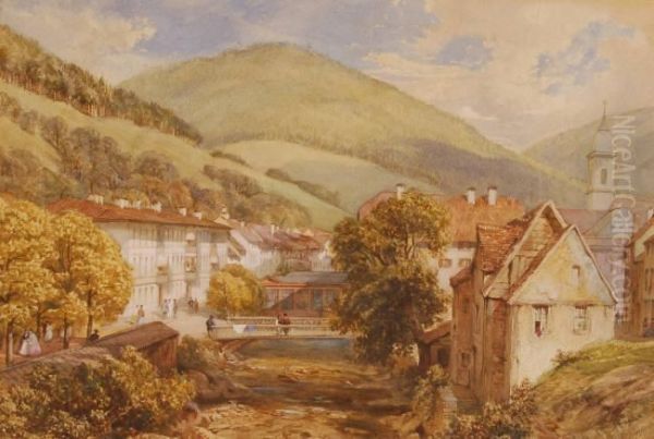 Alpine Town Scene Oil Painting by James T. Herve D' Egville