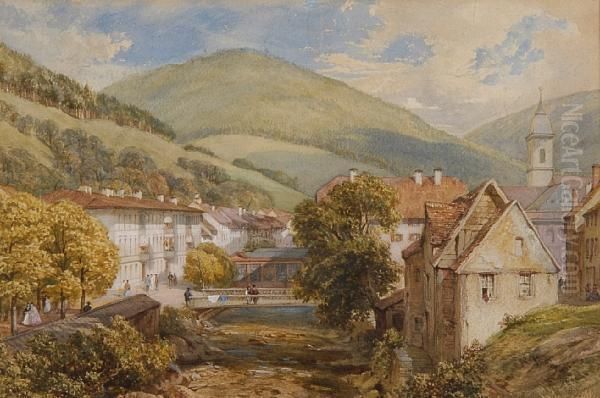 Alpine Village Oil Painting by James T. Herve D' Egville