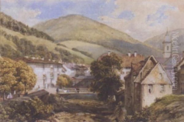 Riverside Town Oil Painting by James T. Herve D' Egville