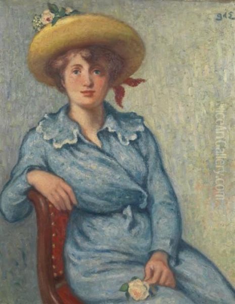 Jeune Fille En Bleu A La Rose Oil Painting by Georges dEspagnat