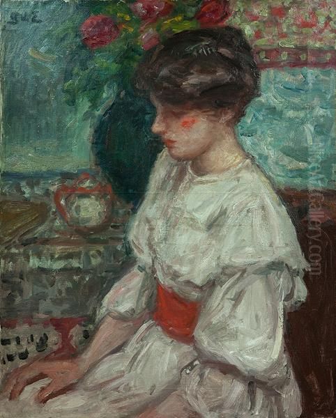 Portrait De Jeune Fille A La Robe... Oil Painting by Georges dEspagnat