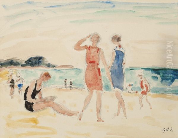 Femmes Sur La Plage De Noirmoutier Oil Painting by Georges dEspagnat