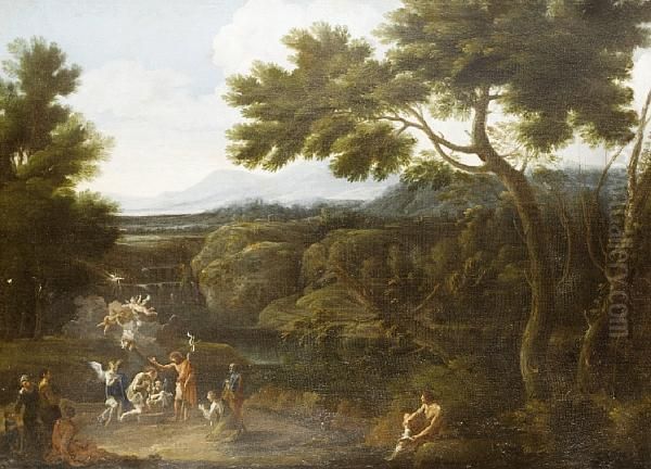 An Italianate Landscape, With The Baptism Of Christ Oil Painting by Crescenzio Onofri