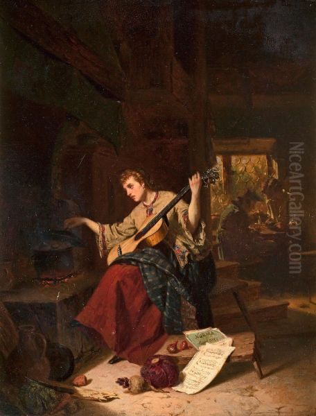 Kitchen Interior With Woman Playingguitar Oil Painting by Carl Henrik D'Unker