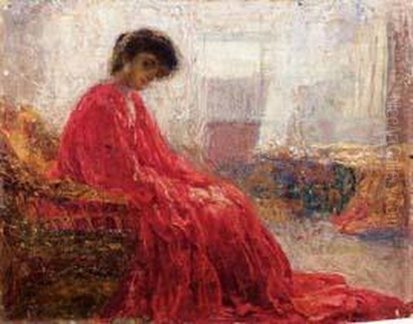 La Signora In Rosso Oil Painting by Angiolo D'Andrea