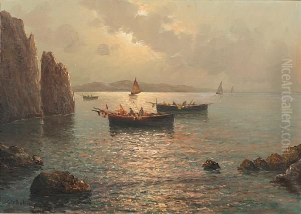 Fishing Boats Off The Coast At Capri Oil Painting by Vincenzo D'Auria