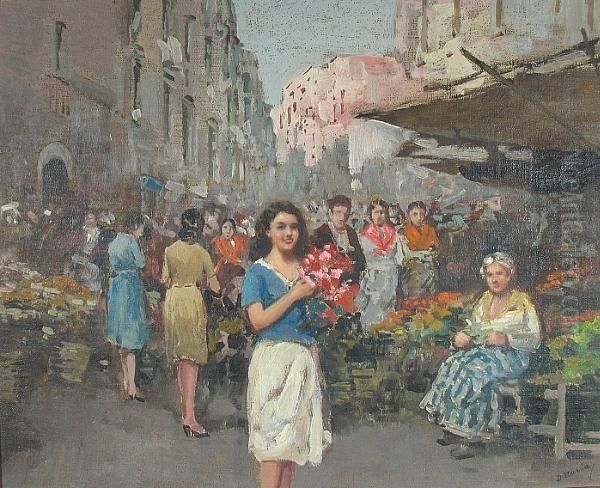 An Italian Market Scene With A Lady Holding Flowers In The Foreground Oil Painting by Vincenzo D'Auria