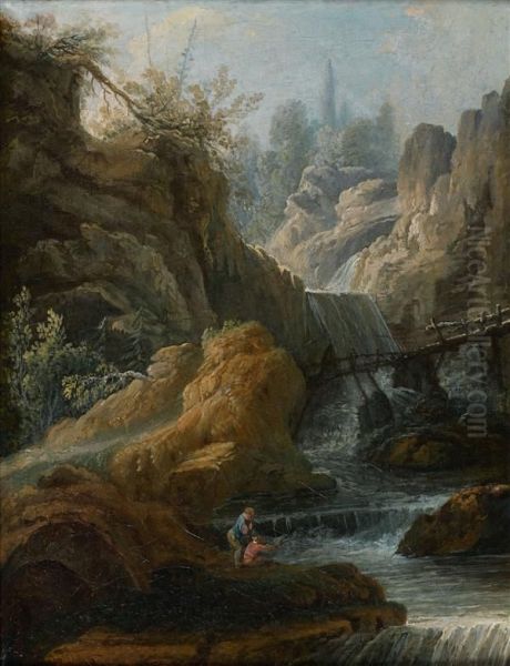 Pecheurs Au Pied D'une Cascade Oil Painting by Crepin D'Orleans