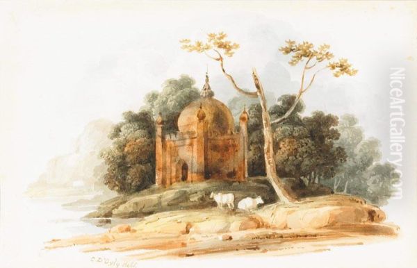 Moslem Temple In Bengal (near Patina) Oil Painting by Charles Baronet D'Oyly