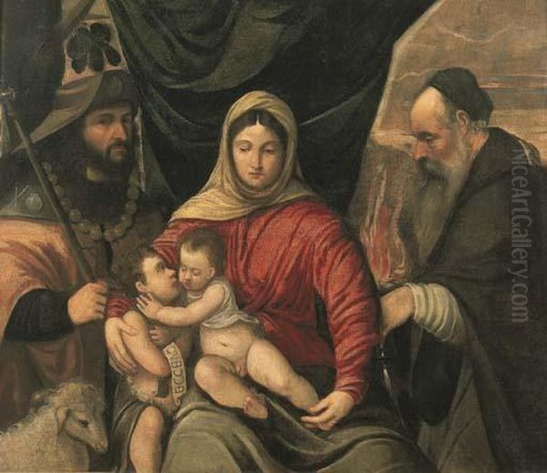 Madonna Con Bambino, San Giovannino, San Giacomo Da Compostella E San Antonio Abate Oil Painting by Bernardino Da Asola