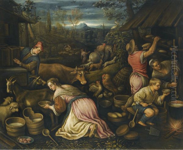 Spring - A Village Scene With Peasants Milking Goats And Baking Bread by Leandro Bassano