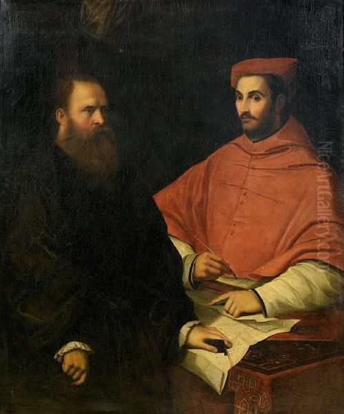 Portrait Of Cardinal Ippolito De' Medici And Monsignor Mario Bracci Oil Painting by Girolamo da Carpi