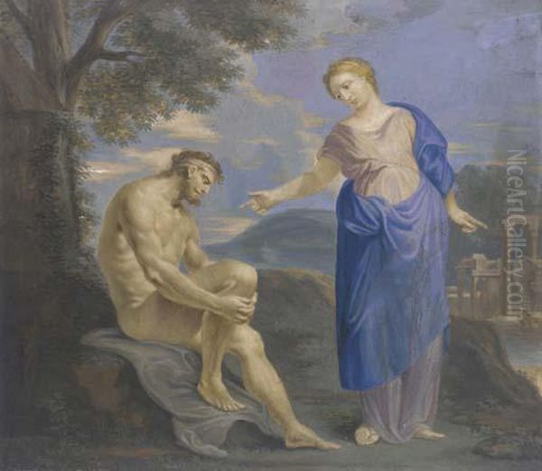 A Woman Addressing A Seated Nude In A Classical Landscape Oil Painting by Catherina Da Costa