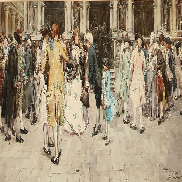 Street Life Withnoble People In Front Of A Church, Italy Oil Painting by Gamba Da Farretto