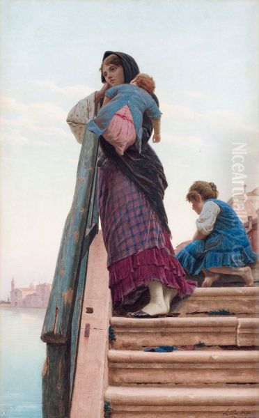 Mother With Children, Scene From Venice Oil Painting by Luigi da Rios