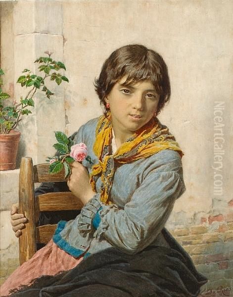 Young Girl With A Rose Oil Painting by Luigi da Rios