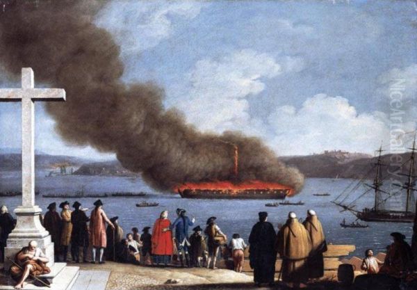 The Burning Of A Ship On The River Tagus, Lisbon, With Onlookers In The Foreground, The Castle Of Sao Jorge Beyond Oil Painting by Joaquin Manuel Da Rocha