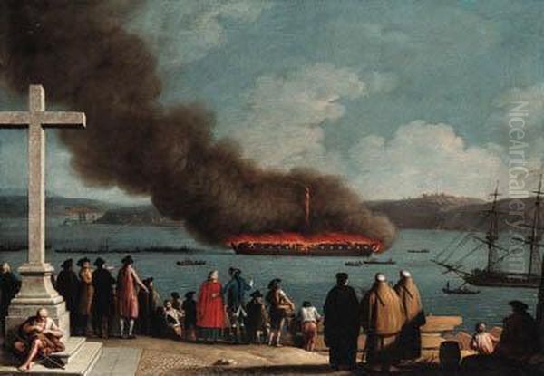 The Burning Of The Frigate Graca Divina In The Harbor Of Lavaletta, Malta
Signed And Inscribed 'rocha Inv Et Pinx' Oil Painting by Joaquin Manuel Da Rocha