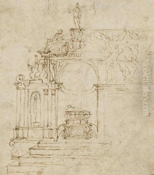 Study Of An Ornamented Chapel With A Central Tomb Oil Painting by Antonio Ii Da Sangallo