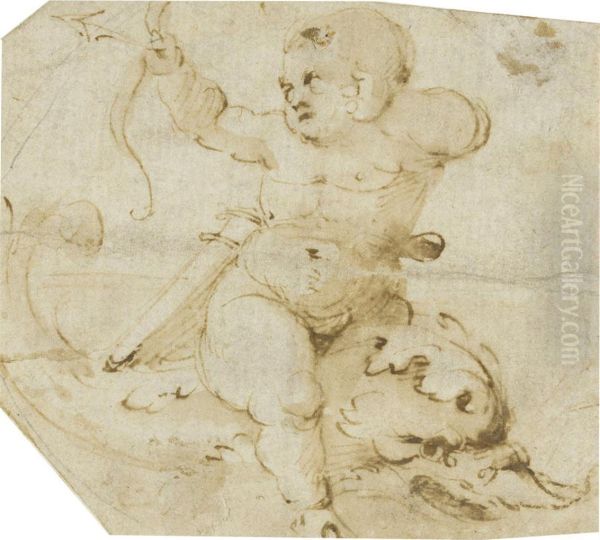 A Putto Riding A Sea Monster Oil Painting by Giovanni (Giovanni da Udine) Nanni (Nani)