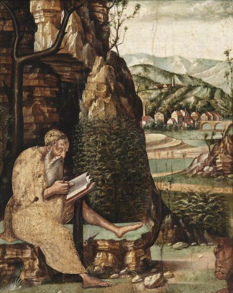 A Hermit Saint Reading In A Mountainous Landscape Oil Painting by Jacopo Da Valenza