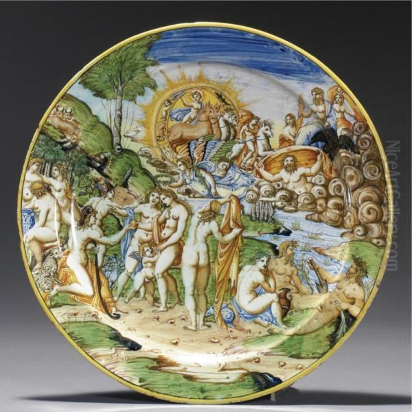 A Large Italian Maiolica Istoriato Plate Depicting The Judgement Of Paris Oil Painting by Domenico Da Venezia