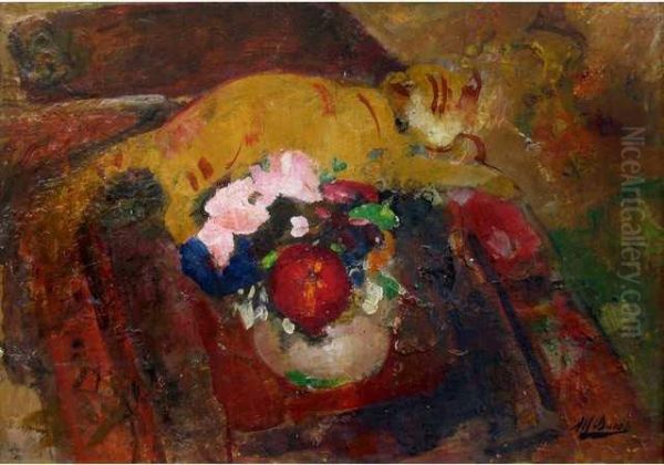 :nature Morte Au Chat Et Aux Fruits Et Nature Morteaux Bouquets De Fleurs Oil Painting by Alfred Dabat