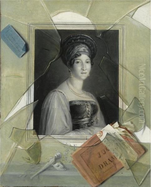 A Lithograph Portrait Of A Woman With A Playbill Behind Broken Glass Oil Painting by Laurent Dabos