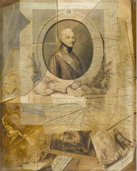 Trompe L'oeil With A Print Of Tsar Alexander I Of Russia Together With Other Prints And Drawings Behind A Broken Pain Of Glass Oil Painting by Laurent Dabos