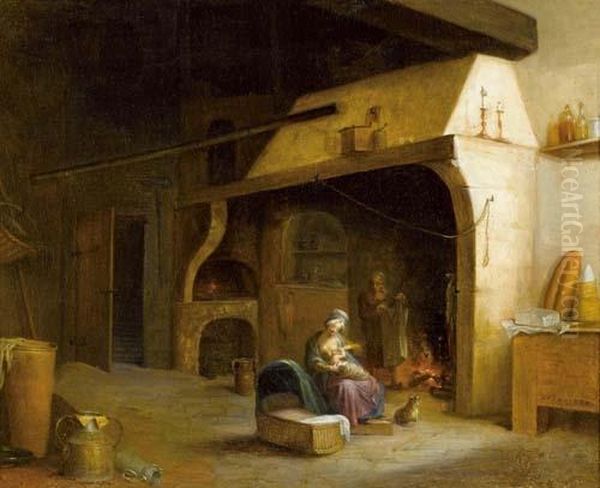 Interieur Mit Mutter Und Kind. 1825. Oil Painting by Laurent Dabos