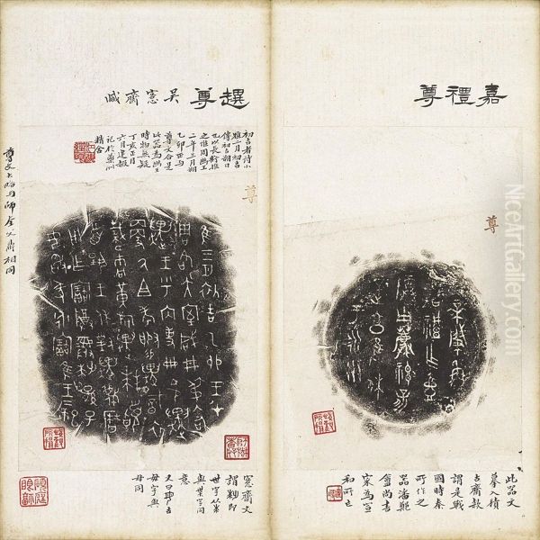 Two Albums, Total Sixty-seven Leaves Of Rubbings By Jiang Jianxia Oil Painting by Wu Dacheng