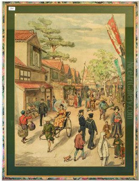 A Busy Japanese Street Oil Painting by S. T. Dadd