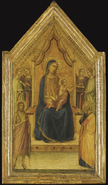 The Madonna And Child Enthroned Flanked By Four Angels And Saints John The Baptist And Peter Oil Painting by Bernardo Daddi