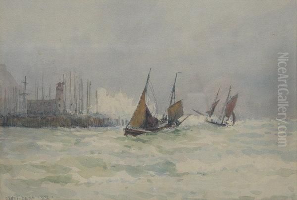 Fishing Boats Returning To Scarborough Harbour In Stormy Seas Oil Painting by Ernst Dade