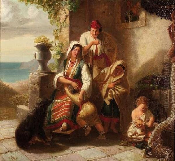 Italian Peasantfamily At The Entrance Of Their House Oil Painting by Eduard Daege