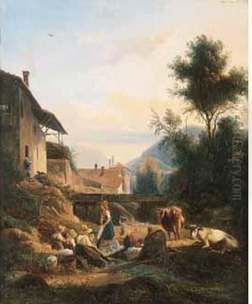 < Blanchisseuse Pres D'un Ruisseau Au Pied D'un Paysage Montagnard >. Oil Painting by Isidore Dagnan